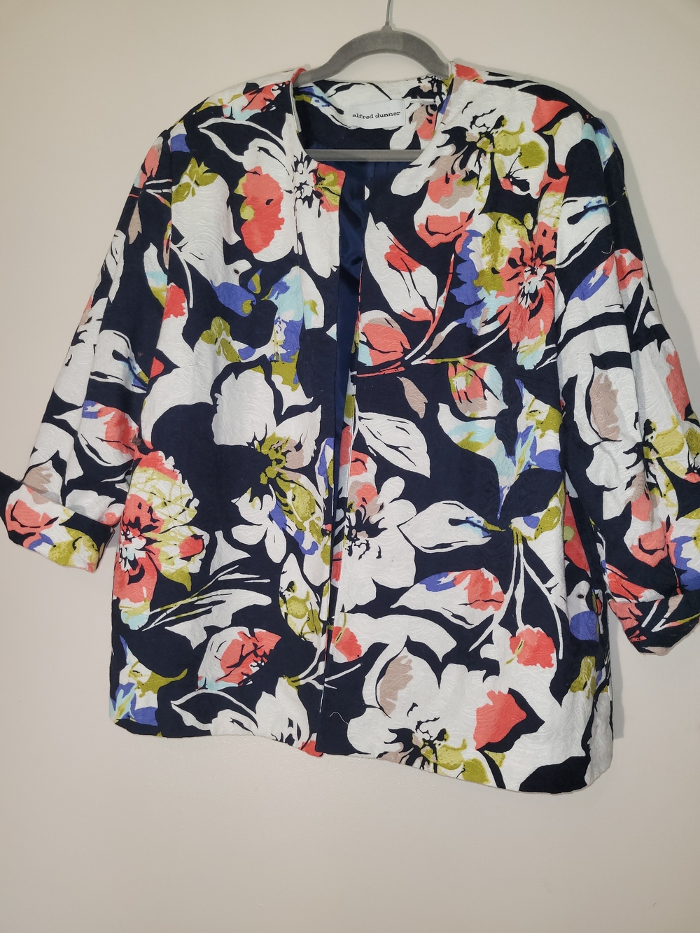 Alfred Dunner Navy Floral Open-Front Women's Jacket